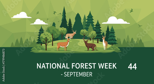 National Forest Week Celebration with Wildlife in a Green Landscape.