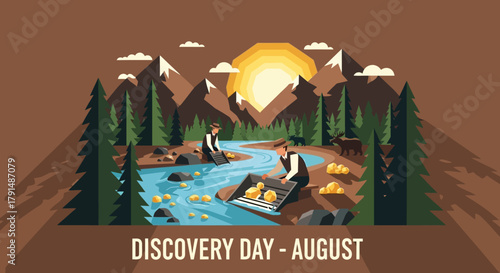 Discovery Day August Gold Panning in Mountain River Landscape.