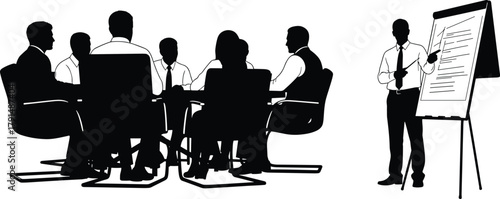 Meeting, silhouette, business, team, presentation, flip chart, vector, black, white, discussion, corporate, group, training, speaker, collaboration, office, strategy, planning, illustration, 