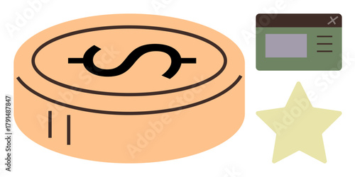 Coin with dollar sign, green browser window, and a yellow star symbolizing currency, web tools, reward systems. Ideal for finance, technology, user experience, marketing branding e-commerce simple