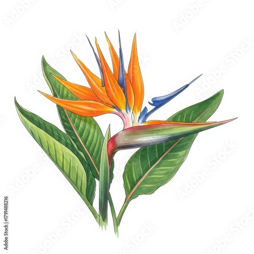 Vibrant bird of paradise flower with green leaves a tropical bloom isolated on white background