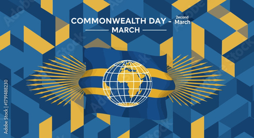 Commonwealth Day Celebration with Flag and Geometric Background.
