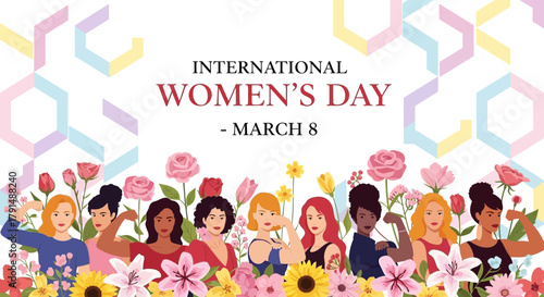 International Womens Day Celebration with Diverse Women and Flowers.
