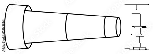 Simplistic linear drawing of a telescopic lens aiming at an adjustable office chair. Ideal for focus, perspective, vision, workplace ergonomics, attention, alignment, productivity concepts. Simple