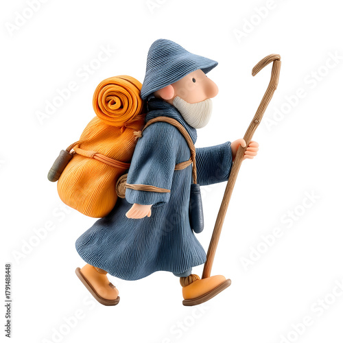 Stylized 3D cartoon character of an elderly pilgrim walking with a backpack and a wooden staff against a white background