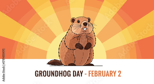 Groundhog Day February 2 Cute Groundhog Standing Outside Burrow.