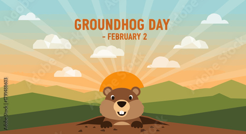 Cute Cartoon Groundhog Celebrating February 2nd Holiday.