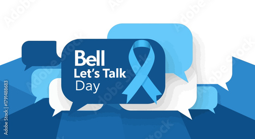 Bell Lets Talk Day mental health awareness campaign with blue ribbon and speech bubbles.
