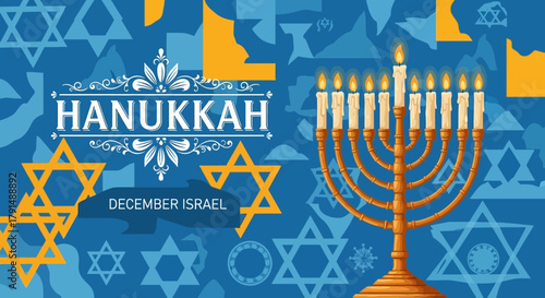 Hanukkah Celebration with Menorah and Star of David Symbols.