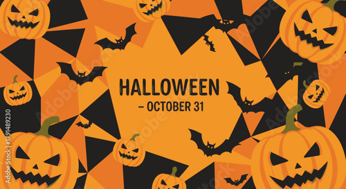 Halloween pumpkins and bats festive background October 31.