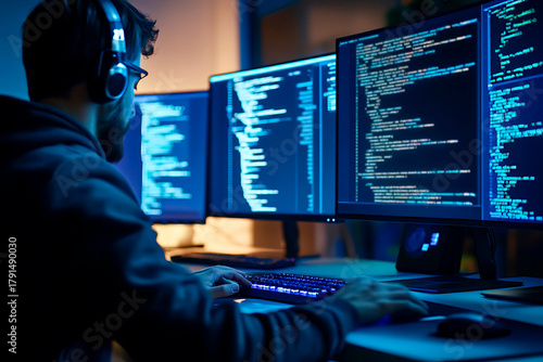 Cybersecurity expert wearing headphones coding on multiple monitors, performing penetration testing for data protection