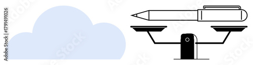 Pen and cloud balanced on scales, symbolizing equilibrium between creativity, technology, and ideas. Ideal for innovation, writing, balance, minimalism, cloud computing education digital content