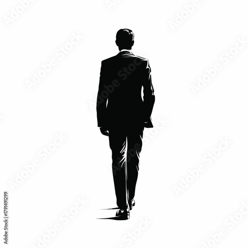 Silhouette of a businessman walking away from the camera, seen from behind, in a formal suit