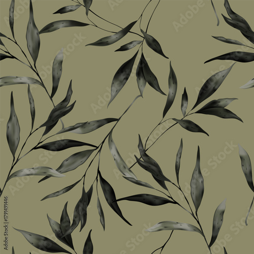 Botanical seamless pattern featuring watercolor-style dark charcoal grey leaf...