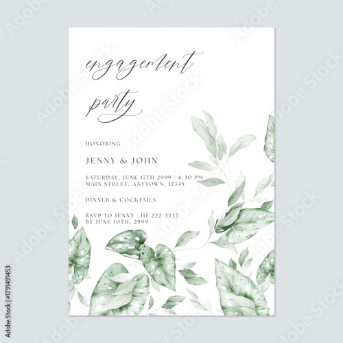 Engagement party invitation template with watercolor illustration of a Caladium and long leaves adorning the bottom edge on a solid white background