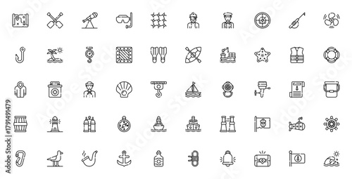 Sailor icon set. Nautical vector icons pack. Include symbols for pirate, ancho, ship, compass, lighthous, map, sailing and more. Eitable stroke design.