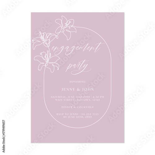 Engagement party invitation template with large, continuous single-line drawings of lilies arch frame on a mauve background