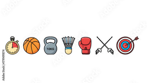 Vector illustration of sports equipment and competition icons on a transparent background