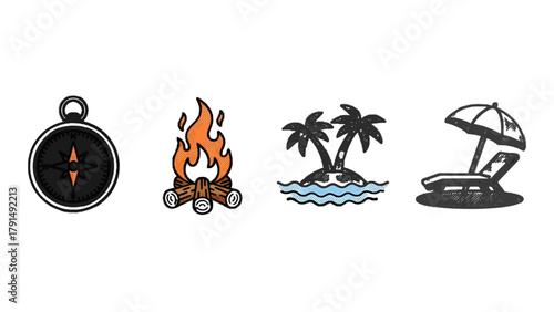 Vector illustration of set of travel and vacation icons including compass, campfire, island, and beach chair on a transparent background