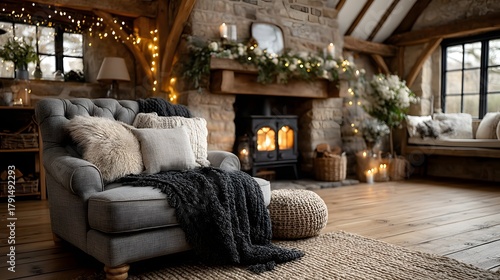 A cozy Scandinavian living room decorated for Christmas with warm fairy lights, soft knit blankets, candles, and a glowing fireplace. Calm, inviting winter atmosphere perfect for holiday designs 