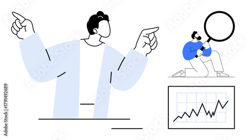 Person pointing in different directions, individual inspecting data with magnifier, and rising graph. Ideal for decision-making, analytics, business growth, strategy, focus, leadership simple flat