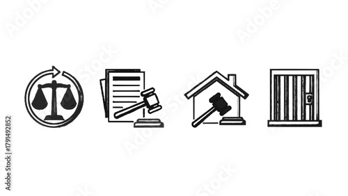 Vector illustration of collection of black and white icons related to law and justice, on a transparent background