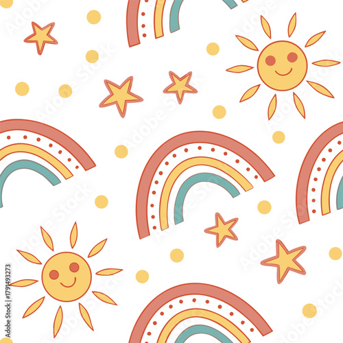 Seamless repeatable kids pattern with rainbows suns and stars. Repeatable seamless pattern.