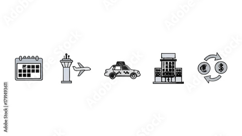 Vector illustration of travel and business icons calendar, airport, taxi, building, and money exchange on a transparent background