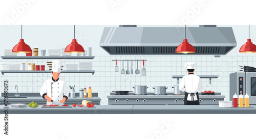 Two chefs are working in a professional kitchen, one chopping vegetables and the other preparing food by the stove.