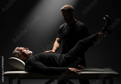 Physiotherapist assisting senior man with leg rehabilitation exercise in dramatic lighting