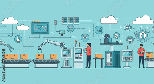 Illustration depicting automated factory process with robotic arms, conveyor belts, workers, data servers, and cloud computing on a light blue background.