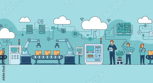 An illustration depicting a modern automated factory with robotic arms, conveyor belts, servers, cloud computing, and people overseeing the production process.