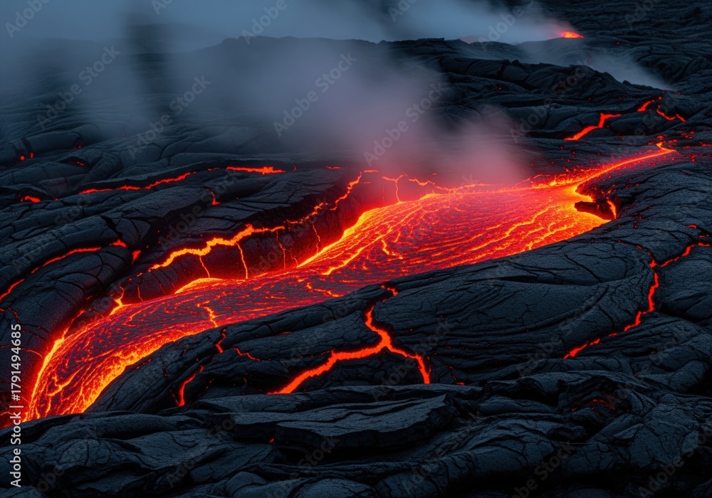 Fototapeta premium Intense glowing river of molten lava flowing across dark cracked volcanic basalt rock formation.