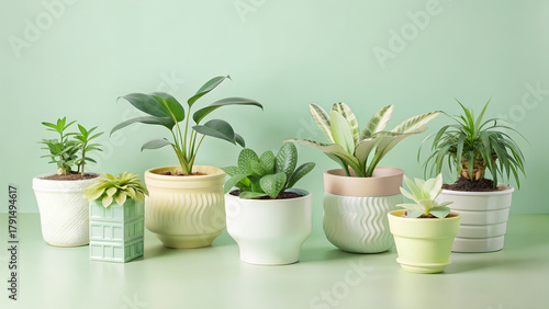 Still life of assorted potted plants and decorative containers