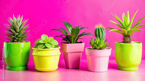 Still life of assorted potted plants and decorative containers