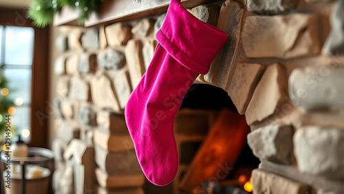 magenta christmas stocking hanging near a fireplace