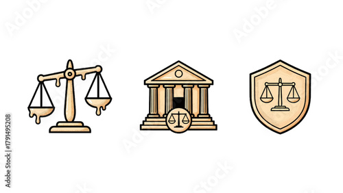 Vector illustration of law and justice symbols scales of justice, courthouse, and shield on a transparent background