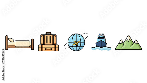 Vector illustration of travel and vacation icons bed, luggage, globe, ship, and mountain on a transparent background
