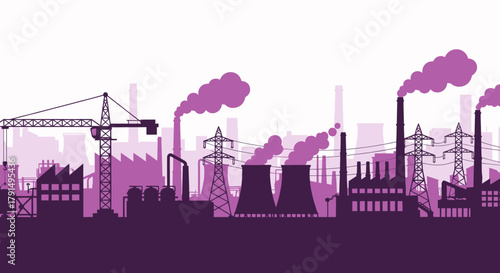 Silhouette illustration of an industrial landscape featuring factories, chimneys emitting smoke, a crane, and power lines against a light background.