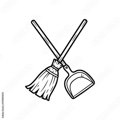 Crossed Broom and Dustpan Cleaning Tools Illustration.