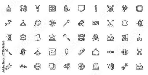 Sewing_1850 icon set. Vintage sewing vector icons. Icludes symbols for thread,button, zipper, scissors, ewing machine, fabric, neele and more. Editable stroe.