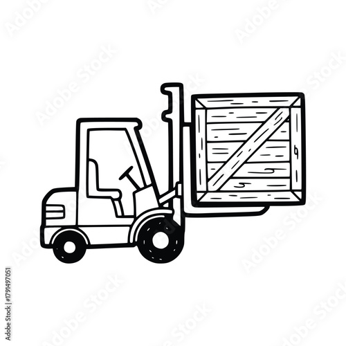 Forklift Truck Lifting a Wooden Crate in Black and White.