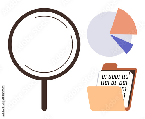 Magnifying glass focuses on analysis, pie chart represents statistics, folder with binary code highlights organized data. Ideal for data research, statistics, evaluation, technology, analytics
