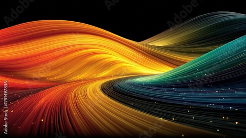 Abstract flowing colorful lines on a dark background create a dynamic wave effect.