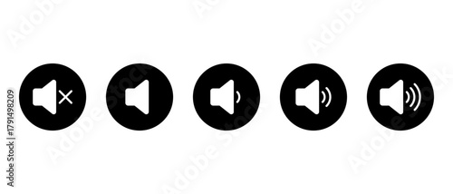 Speaker volume icon in black circle. Sound and audio level symbol. Mute and loud speaker sign