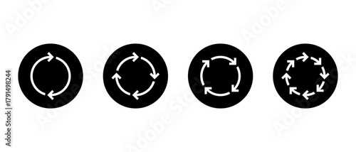 Sync, Loop arrow icon set in black circle. Refresh and repeat symbol. Synchronization and reload sign