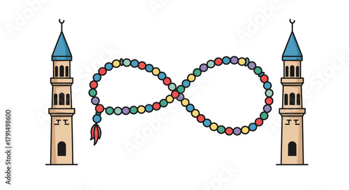 Islamic Symbolism - Towers, Beads, and Infinity Loop Illustration.