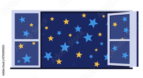 Open window with a view of the starry night sky.
