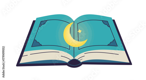 Open Quran with Crescent Moon and Star Symbolizing Islamic Faith.