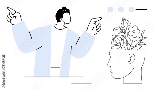 Individual pointing upwards with blooming flowers sprouting from an outlined head, symbolizing creativity, growth, and ideas. Ideal for inspiration, innovation, mental wellness, mindfulness